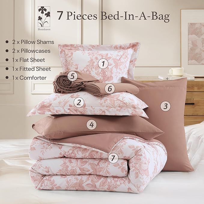 Queen Comforter Set -7 Pieces Pink Floral Comforter Set for All Seasons, Bed in a Bag Queen with Botanical Flowers Comforter, Sheets, Pillowcases & Shams