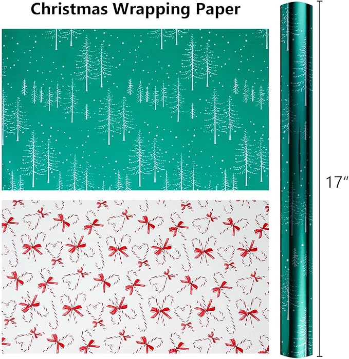 MAYPLUSS Green Christmas Wrapping Paper - 17 Inch X 33 Feet - Reversible Cute Bow Candy Cane Christmas Gift Wrapping Paper, Metallic Foil Thick Gift Wrap Paper for Holiday Party New Year Kids