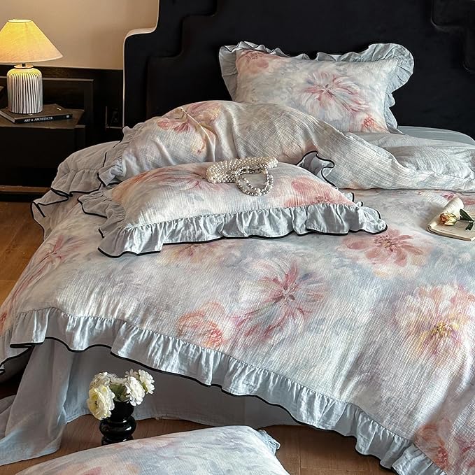 HighBuy Farmhouse Floral Linen Duvet Cover Set Twin Blue Ruffle Bedding with Zipper Closure,Yarn-Dyed Cotton Cooling & Textured Bedding Set for Hot Sleepers - 1 Duvet Cover and 2 Pillowcases