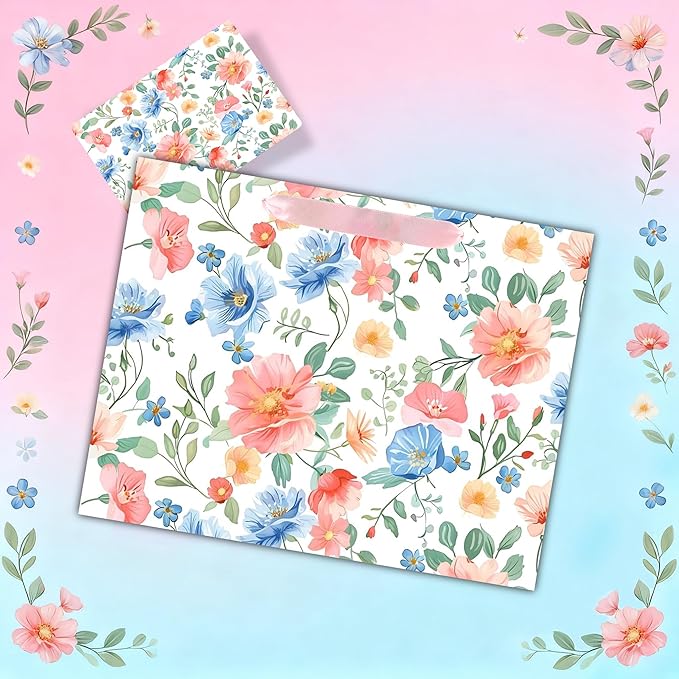 ASYEHNR 13" Large Size Floral Gift Bag Floral Pink Blue Sage Green Flower Pattern Gift Bag with Greeting Card Tissue Paper for Women Girls Birthday Baby Shower Wedding Mother's Day Spring Supplies