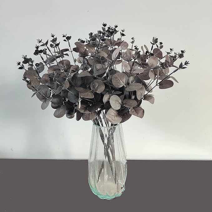 19" Faux Flowers Artificial Silk Silver Dollar Eucalyptus Stems Fake Plant for Vase Home Wedding Decor 3 Pcs (Black)
