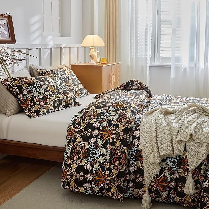 mixinni Duvet Cover Twin XL Size, Cotton Percale Farmhouse Bedding Sets Soft Aesthetic Flowers Plants Comforter Cover for All Season, 3 Pieces Cute Floral Bedding Comforter Set for Women-Twin XL