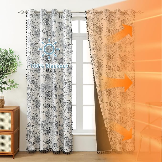 Blackout Black Floral Farmhouse Curtains Living Room Thermal Insulated Drapes, Elegant Peony Pattern & Tassel Curtains 2 Panels Blocking Curtains for Windows Floral Drapes (52W*84L)