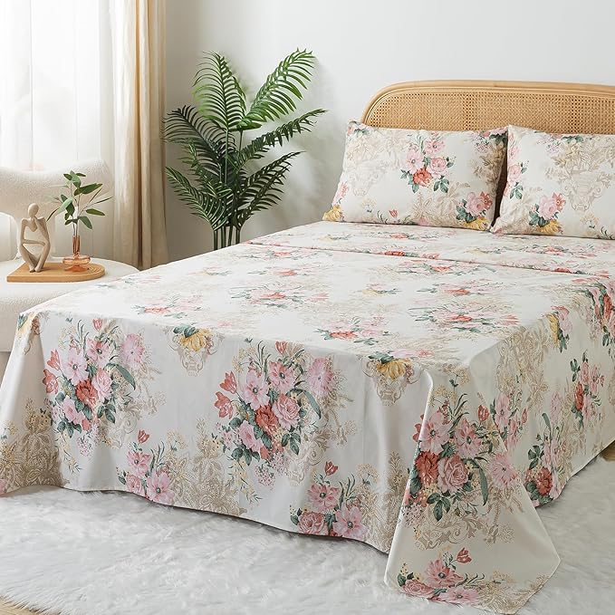 Zusbest- Queen Sheets, Soft 100% Cotton Pink & Cream Floral Bed Sheets,Shabby Vintage Chic Peony Flower Printed Sheets, Breathable Luxury Bedding 4 Piece Deep Pocket Sheets