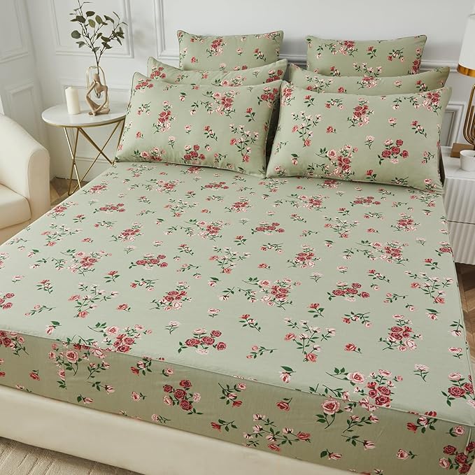FADFAY Queen Size Sheet Set 100% Cotton Sage Green Bed Sheets, French Country Red Rose Floral Pattern, Soft Cool Luxury Bedding, Shabby Vintage Style, 4 Pieces Deep Pocket Fitted Sheet