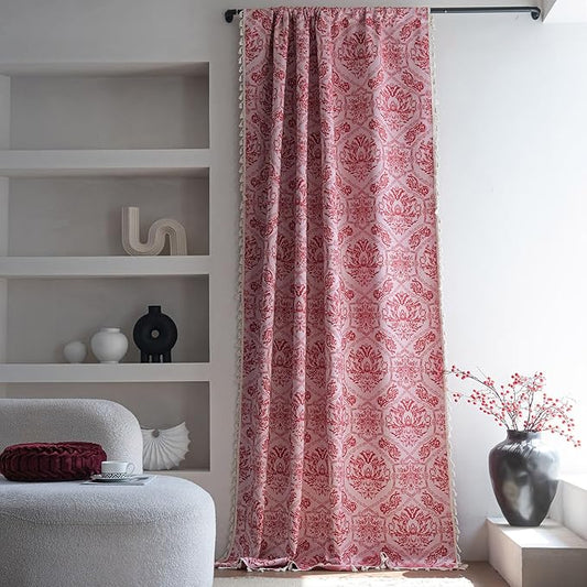 ENJOYBRIDAL Red Damask Curtains 63 Inches Living Room Bedroom Drapes 2 Panel Sets Vintage Semi Sheer Short Window Curtain Panels Dining Room Rod Pocket Jacquard Medallion Patterned Window Treatments