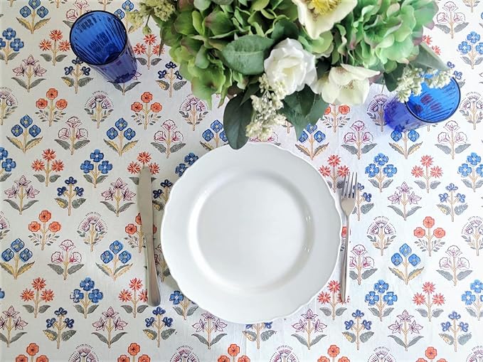 ATOSII Flora Bloom 100% Cotton Rectangle Boho Fall Tablecloth, Handblock Floral Table Cloth Linen for Kitchen Dining I Parties Wedding Outdoors Christmas Thanksgiving I 72 X 140 Inches I 12 Seater