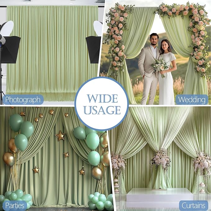 20x10ft Wrinkle Free Sage Green Backdrop Curtain for Parties Soft Fabric Drapes Wedding Curtain Backdrop for Birthday Party Decorations Background for Photography 5x10ft, 4 Panels
