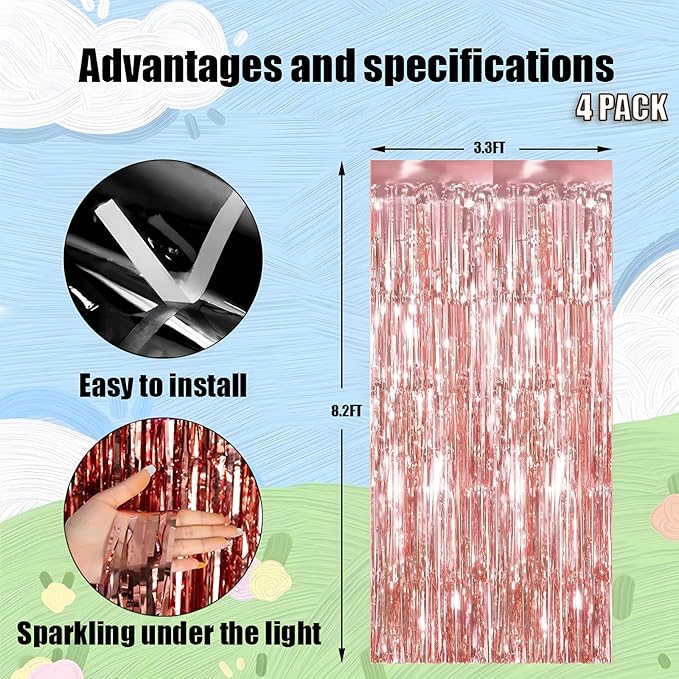 Keyali 4 Pack 3.3 * 8.3 ft Foil Curtain Metallic Tinsel Fringe Curtains Photo Booth Props Backdrop for Birthday Wedding Engagement Baby Shower Christmas Holiday Celebration Partyl,Rose Gold