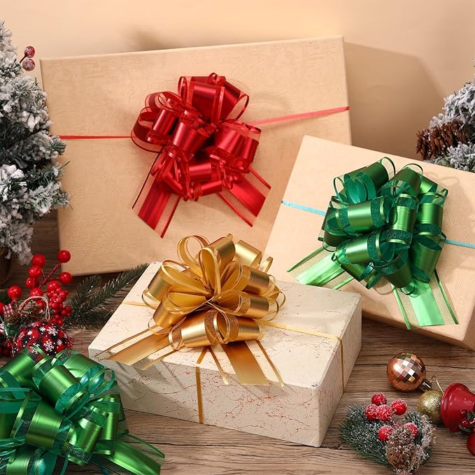 48 Pcs Christmas Large Pull Bows for Gift Wrapping 6 Inch Colorful Ribbon Pull Bows for Presents Boxes Basket Gifts Wrapping Xmas Birthday Wedding Holiday Party Decoration(Gold Red Green)