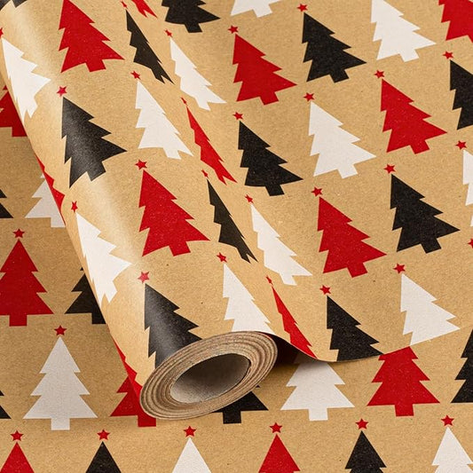 MAYPLUSS Kraft Trees Christmas Wrapping Paper - 17 Inch X 33 Feet - Minimalistic Little Red Black White Trees Kraft Recyclable Winter Holiday Gift Wrap Paper for Party, DIY Crafts & Festive Decoration