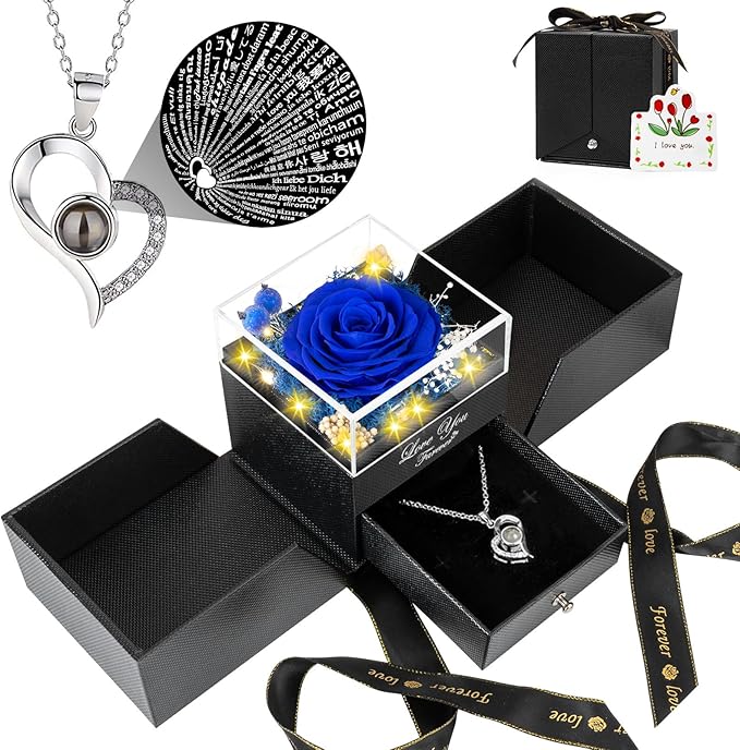 Preserved Blue Real Rose with I Love You Necklace -Eternal Flowers Rose Gifts for Mom Grandma Wife Girlfriend Gifts for Her Christmas Birthday Anniversary