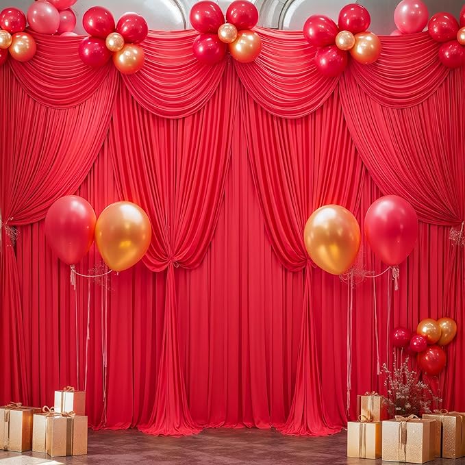 Red Backdrop Curtains 10 Panels-Wrinkle-Free Polyester Photography Drapes Party Photo Backgrounds for Wedding Christmas Photo Backdrops- 40 X10FT