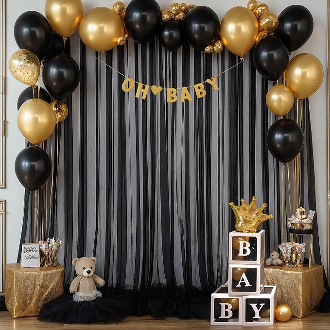 Black Backdrop Curtain Sheer Tulle Backdrop Curtain for Birthday Party Baby Shower Wedding Black Drapes for Backdrop for Photo Booth Photography Background Decorations 2 Panels 5ft X 10 ft