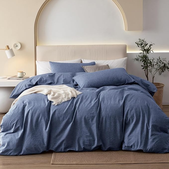 JIYUAN 100% Washed Cotton Duvet Cover Set 3 Pieces Cal King, 1 Duvet Cover 104x98 Inches(Comforter Not Included) and 2 Pillowcases,Linen Like Comfy and Breathable,Heathered Blue