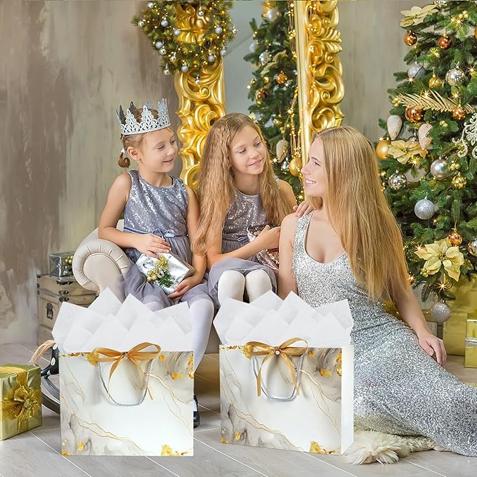 White Gold Gift Bags, 2PCS 13” Large Gift Bags with Tissue Paper and Greeting Cards, Gift Bag with Handles Bow for Women Girls, White Gift Bags for Birthday Wedding Bridal Baby Shower Anniversaries