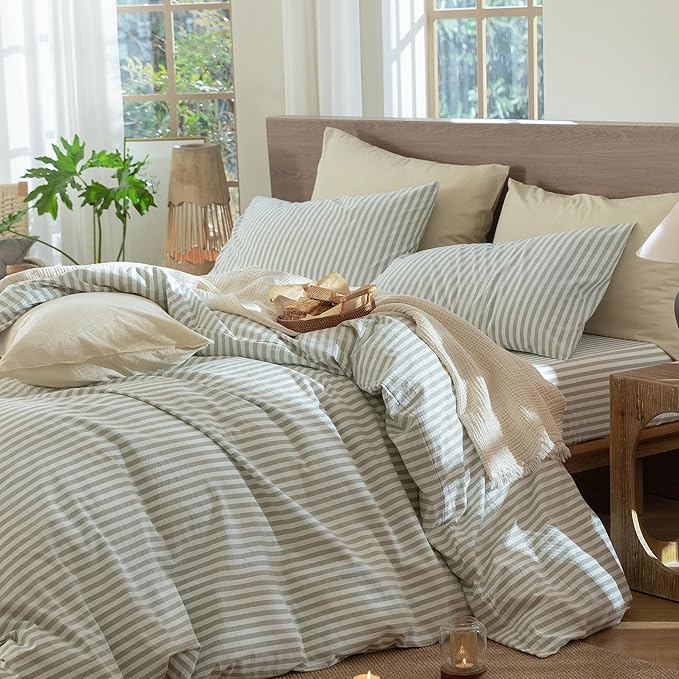 MooMee Striped Duvet Cover Set 100% Washed Cotton Linen Like Textured Breathable Durable Soft Comfy (Sage Green White Classic Stripes, Palatial King/Oversized King 120"x98")