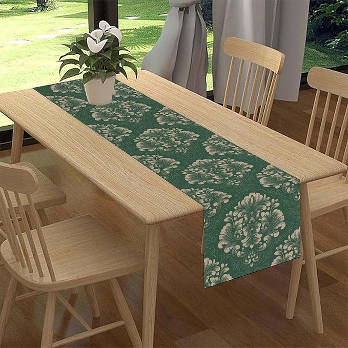 Vintage Damask Table Runner, Green Classical Luxury Old Fashioned Damask Royal Victorian Floral Print Table Center Decor for Family Kitchen Table Decorations Indoor Outdoor 13x72 inch