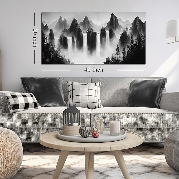 Mountain Pictures Wall Art for Bedroom Black and White Wall Decor for Living Room Waterfalls Wall Decor for Office 20 x 40 Inches