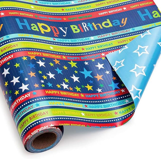 Burymento Reversible Birthday Wrapping Paper for Boys Girls Kids Adults Baby Shower Holiday - Colorful Happy Birthday Lettering and Stars Design - Blue Gift Wrapping Paper Roll, 17 Inch X 32.8 Feet