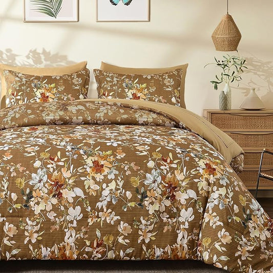 Dobuyly Fall King Size Comforter Set, 7 Pieces Brown Floral Comforter Set, Bed in a Bag King with Botanical Flowers Pattern, Farmhouse Bedding Set with Sheets, Pillowcases & Shams