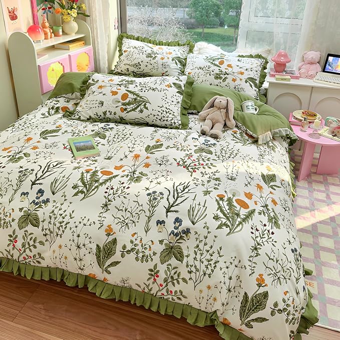 LifeTB Botanical Flower Comforter Set Full Vintage Green Floral Bedding Comforter with Elegant Ruffles Reversible Boho Floral Bedding Set Fluffy Princess Lace Ruffle Comforter Set for Kids Teen Girls