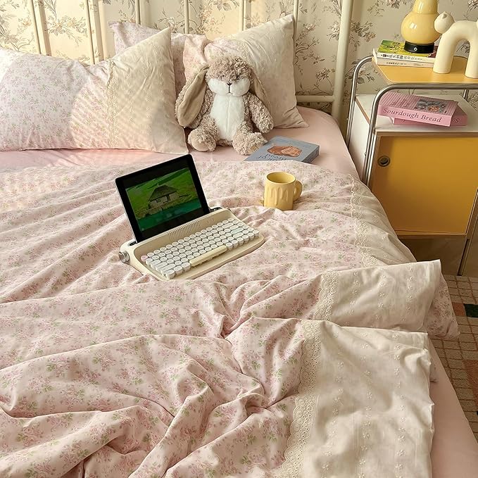 LifeTB Pink Floral Duvet Cover Twin XL Romantic Lace Bedding Set Garden Style Cottagecore Flower Duvet Cover with Zipper Closure Soft Washed Microfiber Botanical Comforter Cover for Teen Girls
