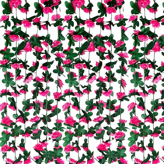 8Pcs 63Ft Fuchsia Rose Garland, Fake Rose Hanging Flowers, Artificial Flower Vine, Hanging Floral Vine Garland for Wedding, Birthday Party, Wall Arch, Halloween, Christmas Garden Backdrop Decor