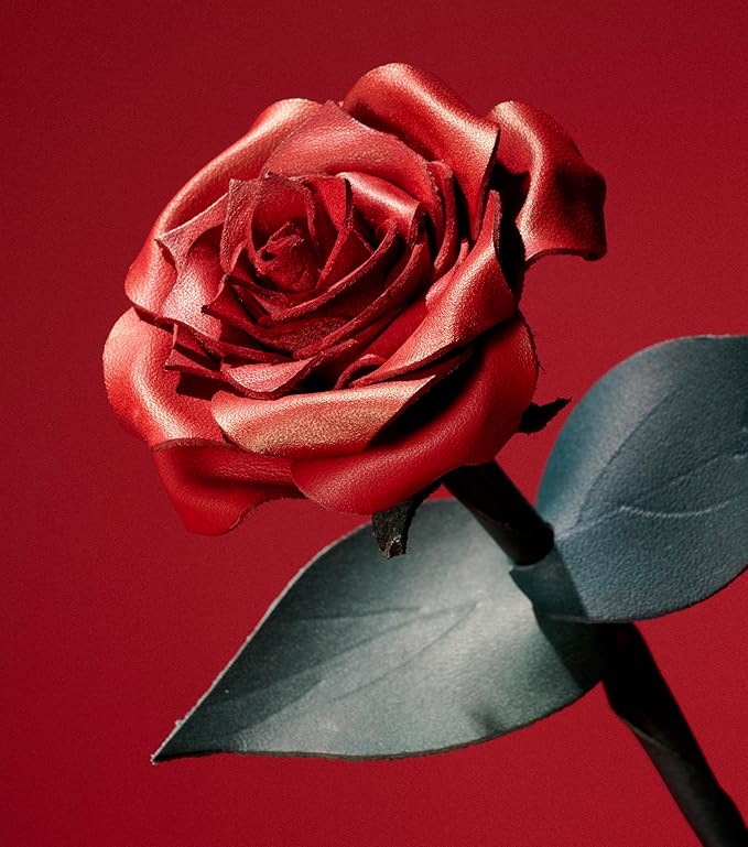 Handcrafted Genuine Leather Rose with Stem, Red, Gift Box Presentation, Lifelike Artisan Flower for 3rd Wedding Anniversary, Mother's Day (Red)