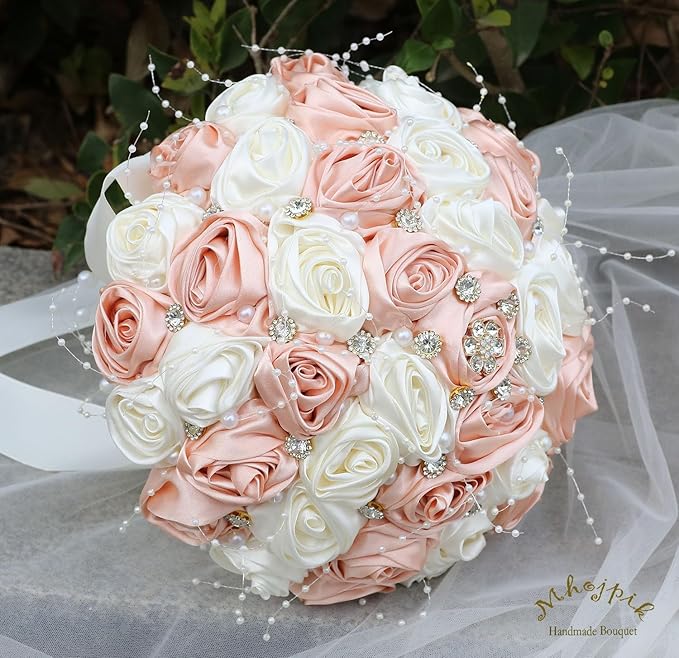 Bridal Wedding Bouquet Round Bling Brooch Bouquet Throw Toss Artificial Rose Flower Bunch for Bride Bridesmaid Wedding Quinceanera(Peach Pink & Ivory, 6.3")