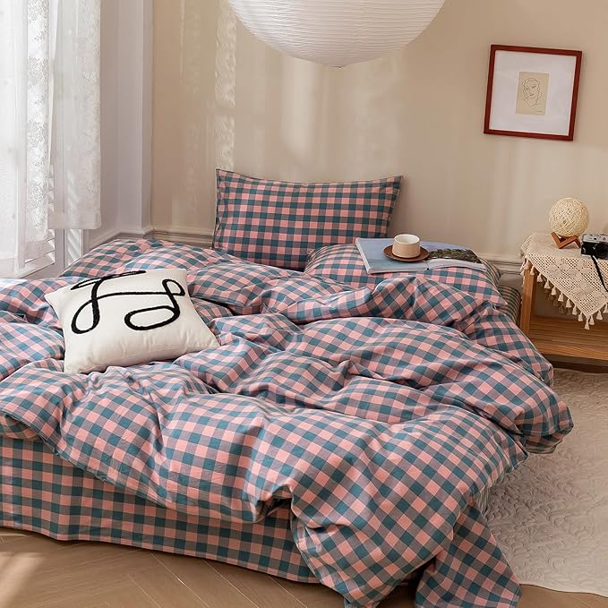Checkered Comforter Set King Size Purple Pink Plaid Bedding Comforter Cotton Fabric with Microfiber Inner Fill Soft Fluffy Bed Set 3 Pieces Grid Bedding Checkered Pattern Comforter with 2 Pillowcases