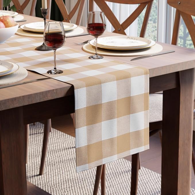 Encasa XO Cotton Dining Table Runner | Buffalo Beige Checks | Size 13x59 in - Machine Washable & Durable
