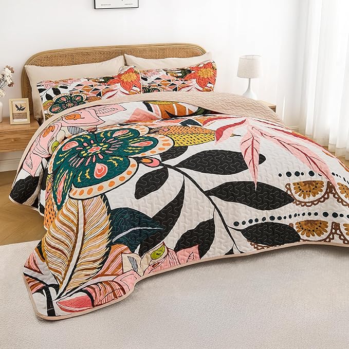 Quilt Set King Size, Boho Floral 3 Pcs Soft Bed Cover Bedding Set, Mid Century Flowers Lightweight Bedspread Coverlet with 2 Pillow Sham for All Season