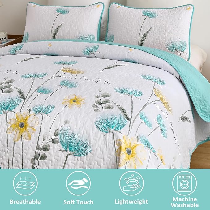 Dinjoy Floral Quilt Set Queen,Aqua Bedspread Queen Size 3 Pieces Lightweight Farmhouse Bedding Set Summer Fall Quilts Soft Flower Bedspreads White Coverlet Sets for All Season