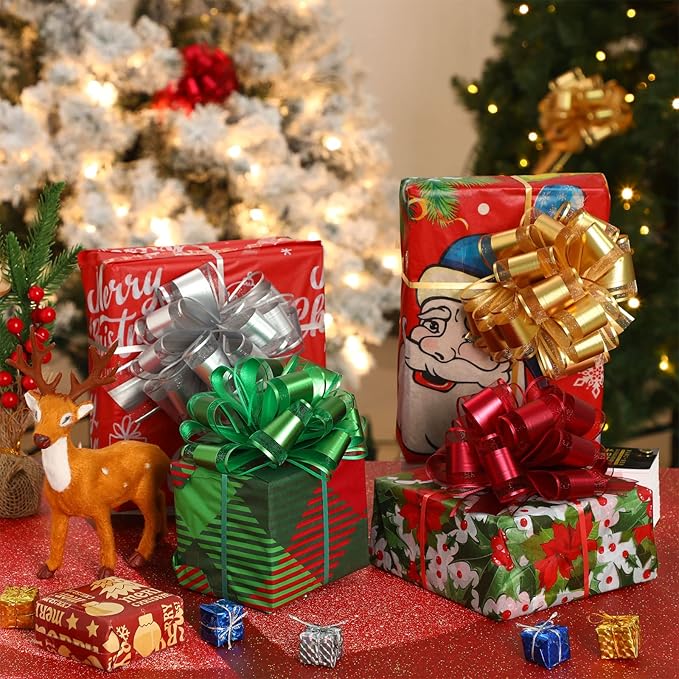 WILLBOND 20 Pieces 6 Inch Pull Bows Gift Wrapping Ribbon Pull Bows for Christmas Wedding Baskets Valentine Multicolor Wrap Accessory for Gift Present Holiday Decor(Green, Red, Gold, Silver)