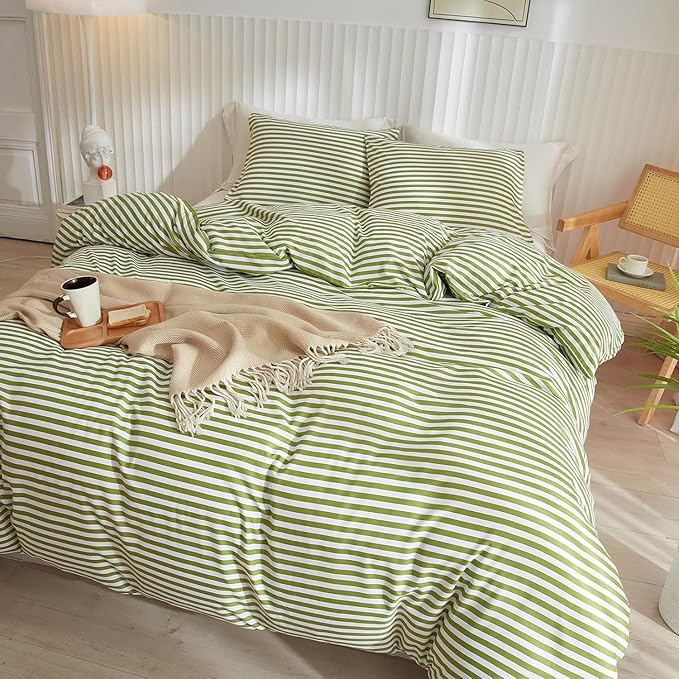 Striped Comforter Set Queen Size 3 Pieces Lightweight Striped Bedding Comforter Set Green White Stripes Pattern Farmhouse Bed Set Soft Fluffy Comforter with 2 Pillowcases for All Seasons Queen Size