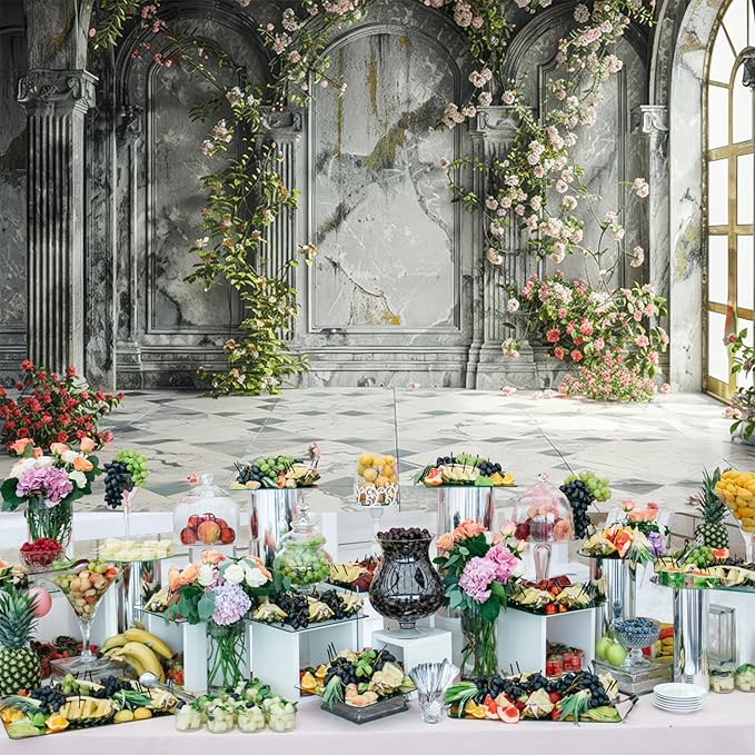 Baocicco 7x5ft Place Flower Wall Photography Background Victoria Arch European Castle Wall Pink Red Rose Backdrop for Women Girls Themed Party Decorations Wedding Baby Shower Cake Table Photoshoot