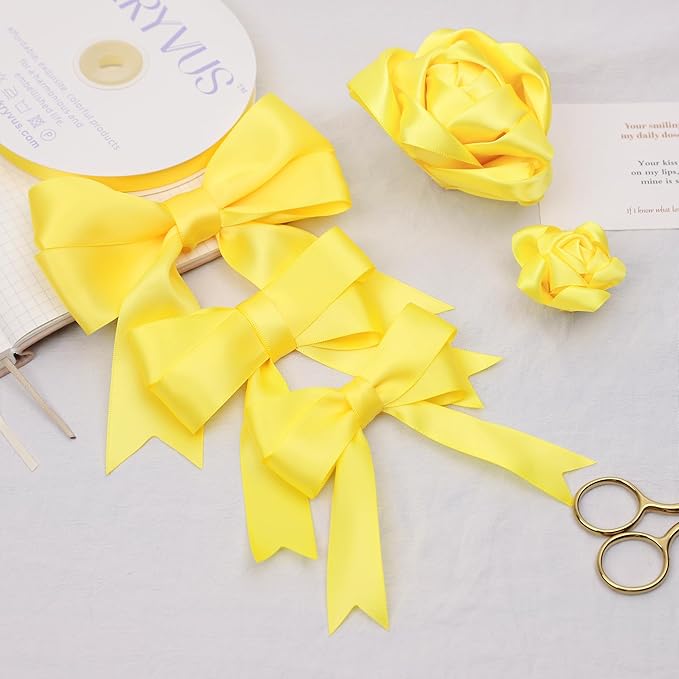 Daffodil Yellow Satin Ribbon, Double Faced 2 Inch X 25 Yards Daffodil Ribbon, Premium Satin Ribbon for Gift Wrapping, Crafts, Hair Bow Making, Sewing, Flower Bouquet, Wedding Party Decor