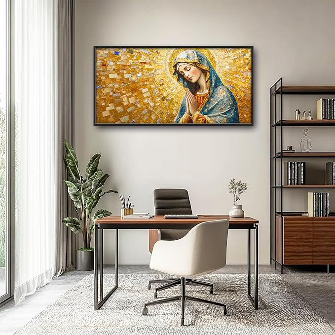 Extra Large Virgin Mary Framed Wall Art for Living Room,Oversized Golden Christian Religious Pictures Wall Decor,Canvas Print Painting Modern Artwork Bedroom Office Bathroom 60L x 30W