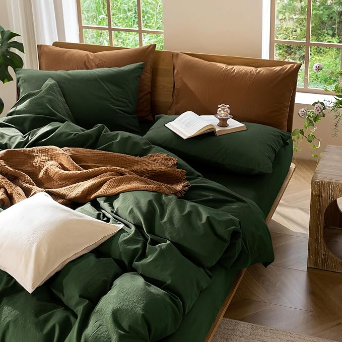 MooMee Bedding Duvet Cover Set 100% Washed Cotton Linen Like Textured Breathable Durable Soft Comfy (Solid Forest Green, Oversized Queen 98"x98")