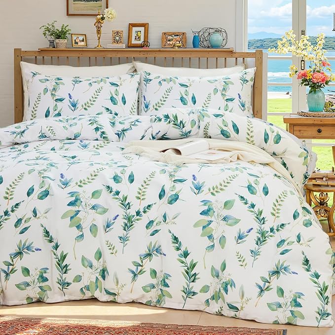 Botanical 100% Cotton Duvet Cover Queen Size - 3Pcs Mint Green Printed with Sage & Emerald Leaves on White,Reversible Lightweight and Soft Bedding Sets