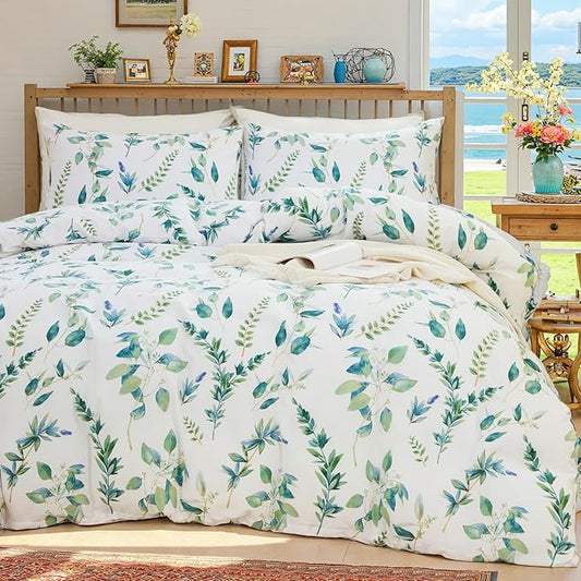 Botanical 100% Cotton Duvet Cover King Size - 3Pcs Mint Green Printed with Sage & Emerald Leaves on White,Reversible Lightweight and Soft Bedding Sets