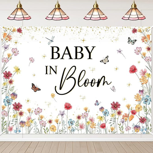 Avezano Wildflower Baby in Bloom Backdrop Banner Wildflower Baby Shower Party Decorations for Girls Gold Glitter Butterfly Spring Floral Newborn Party Supplies (7x5ft)