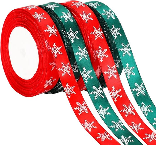Christmas Ribbons, DECYOOL 4 Rolls 100 Yards Christmas Snowflake Ribbons for Gift Wrapping, 15mm Wide Red and Green Satin Ribbon for Festival Holiday Party Decorations DIY Crafts