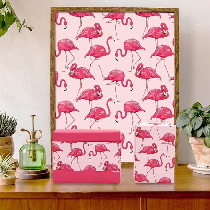 JarThenaAMCS Flamingo Wrapping Paper -Mini Roll- 17 Inch x 32.8Ft Double-Sided Pink Flamingo Gift Wrap Paper Tropical Art Paper for Summer Birthday Wedding DIY Crafts