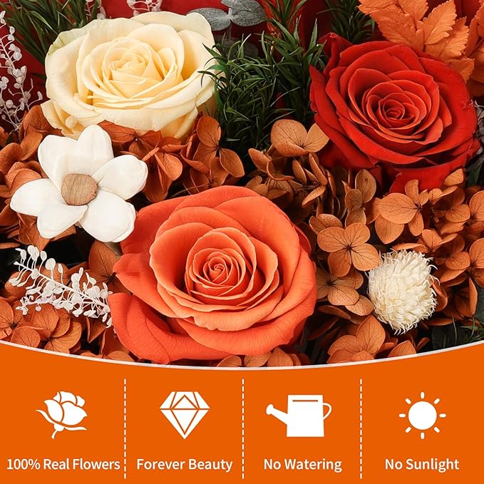 Lewondr Flower for Delivery, Preserved Flowers Bouquet, Orange Roses Bouquet, Real Long-Lasting Forever Birthday Flowers Gifts for Mom Best Friend Mothers Day Christmas Graduation, Dark-Orange