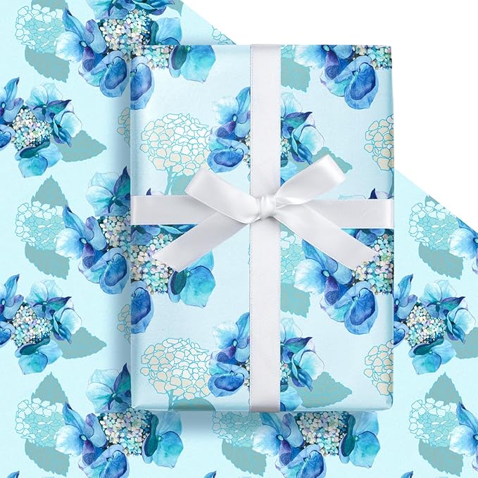 LeZakaa Blue Hydrangea Wrapping Paper Roll, Watercolor Hydrangea Flowers Party Gift Wrap for Wedding, Bridal Shower, Baby Shower, Anniversary, Mother's Day, DIY Bouquet, Mini Roll, 17inches x 16.4Feet