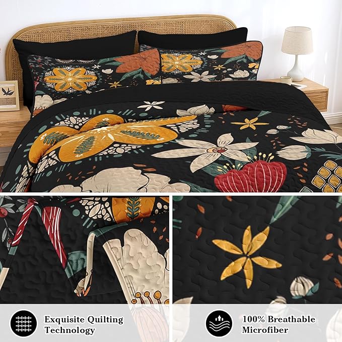 Quilt Set King Size, Black Tropical Floral 3 Pcs Soft Bed Cover Bedding Set, Farmhouse Botanical Lightweight Bedspread Coverlet with 2 Pillow Sham for All Season