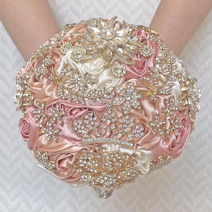 Handmade Satin Rose Floral Bling Pearl Decor Bridal Wedding Bouquet Rhinestone Pendant Artificial Brooch Flowers for Bride Bridesmaid Quinceanera