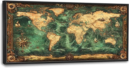 Vintage World Map Large Wall Art Nautical Framed Wall Decor for Living Room, Map Pictures Oversized Canvas Print Painting Modern Extra Large Framed Artwork for Bedroom Office Home Decor 60"x30"
